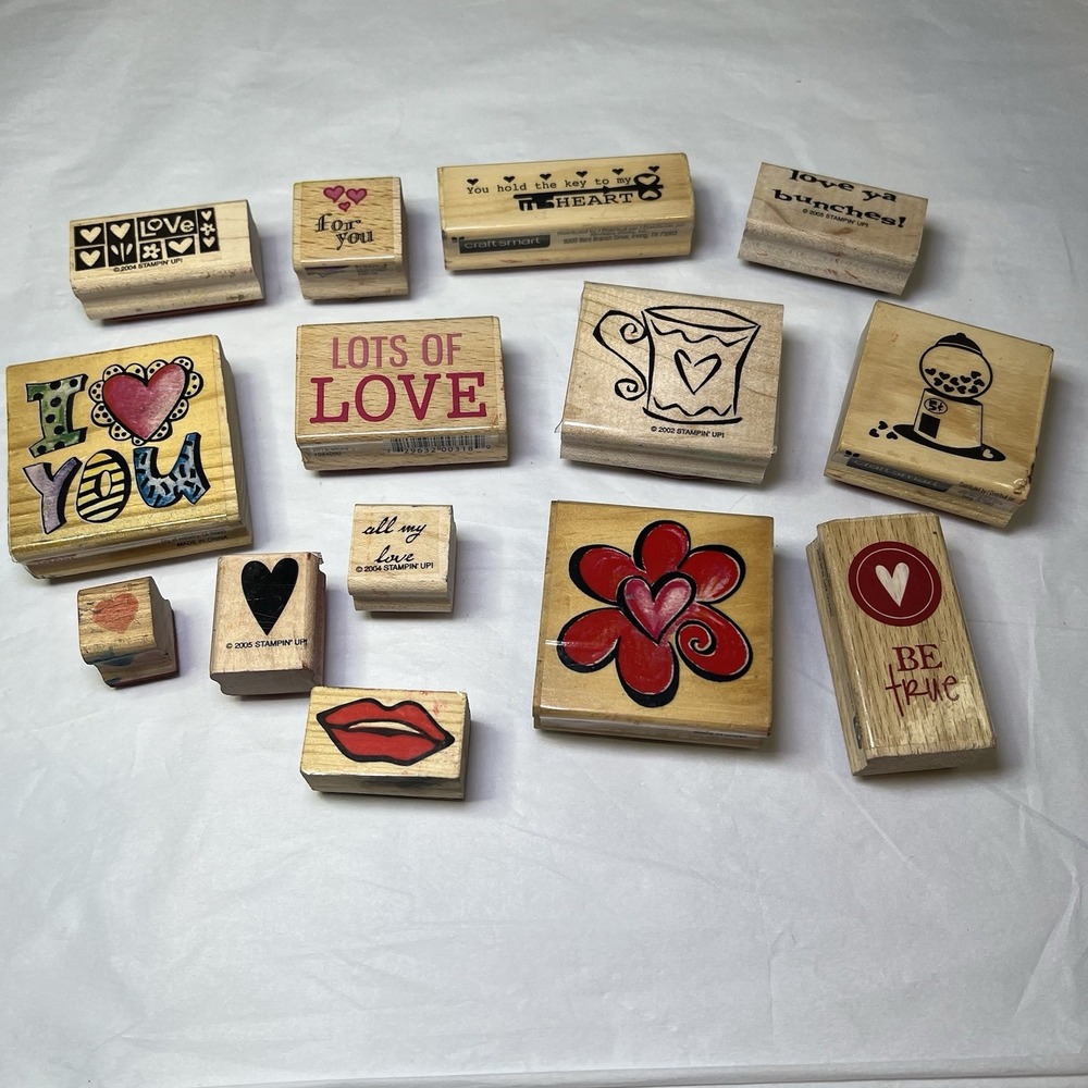 Lot of‎ 14 wood rubber stamps Valentine's day Heart Love theme Feb Crafts Card